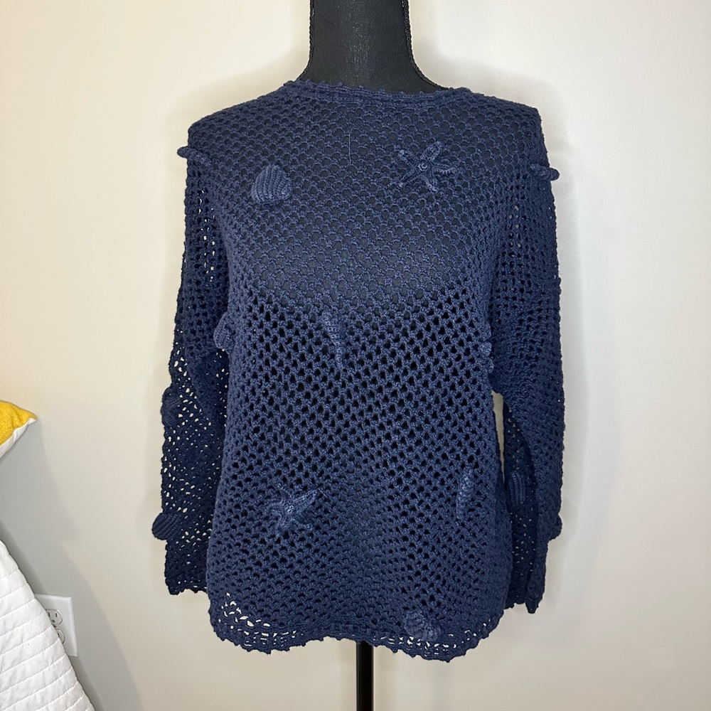 Navy Blue Knit Coastal Grandmother Sweater with knit Shells